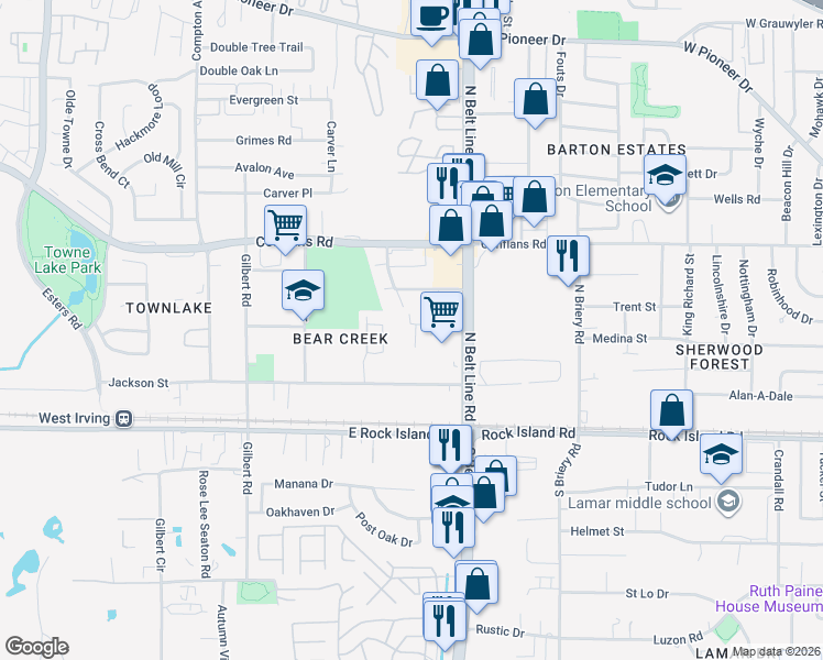 map of restaurants, bars, coffee shops, grocery stores, and more near 425 North Belt Line Road in Irving