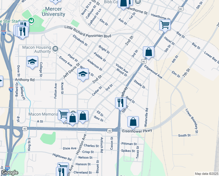 map of restaurants, bars, coffee shops, grocery stores, and more near 1958 3rd Street in Macon