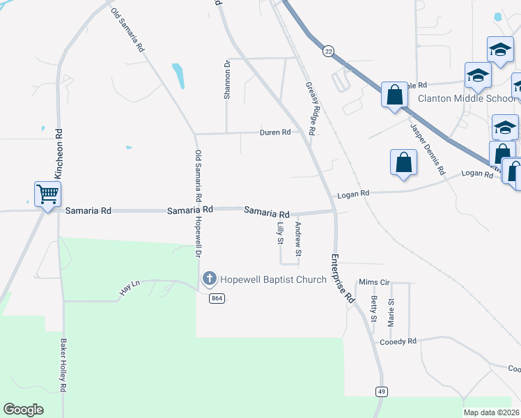 map of restaurants, bars, coffee shops, grocery stores, and more near 1100 Samaria Road in Clanton
