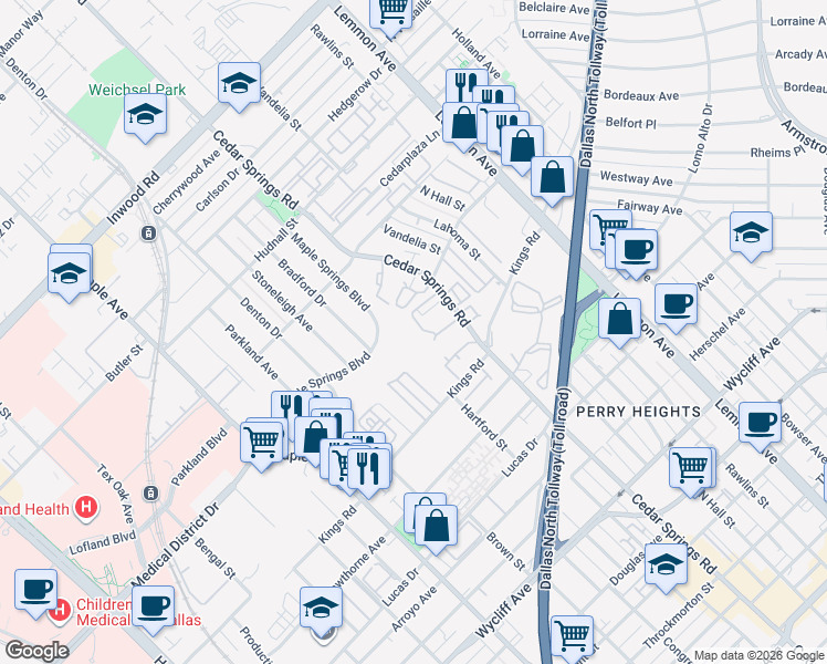map of restaurants, bars, coffee shops, grocery stores, and more near 2929 Kings Road in Dallas