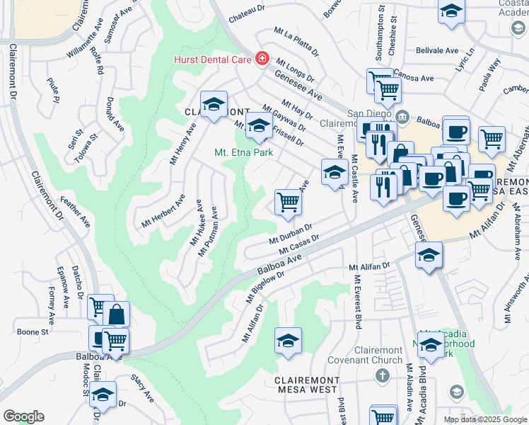 map of restaurants, bars, coffee shops, grocery stores, and more near 4227 Mount Davis Avenue in San Diego