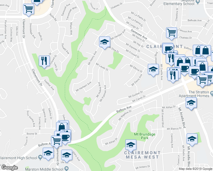 map of restaurants, bars, coffee shops, grocery stores, and more near 4297 Mount Putman Avenue in San Diego