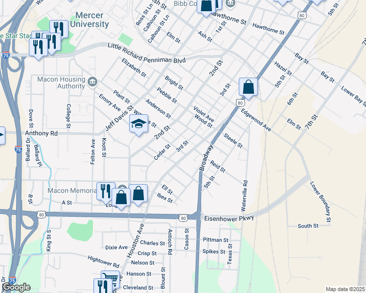 map of restaurants, bars, coffee shops, grocery stores, and more near 1958 3rd Street in Macon