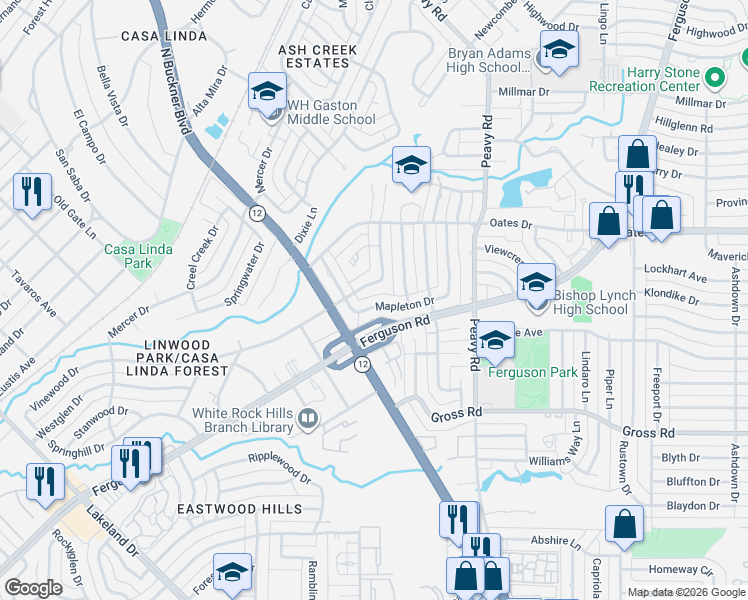 map of restaurants, bars, coffee shops, grocery stores, and more near 1544 Mapleton Drive in Dallas