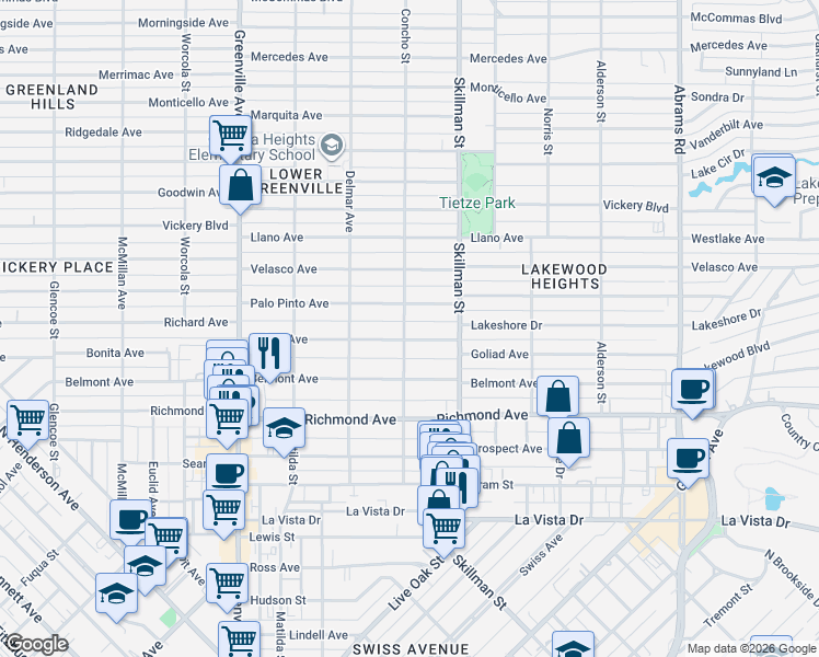 map of restaurants, bars, coffee shops, grocery stores, and more near 6002 Goliad Avenue in Dallas