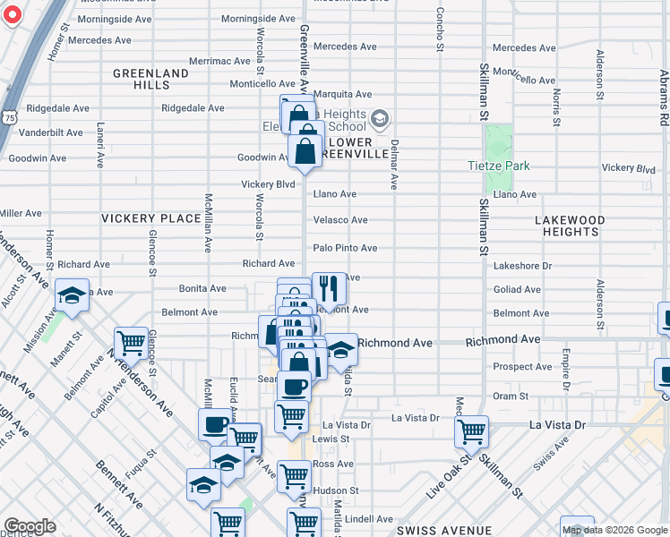 map of restaurants, bars, coffee shops, grocery stores, and more near in Dallas
