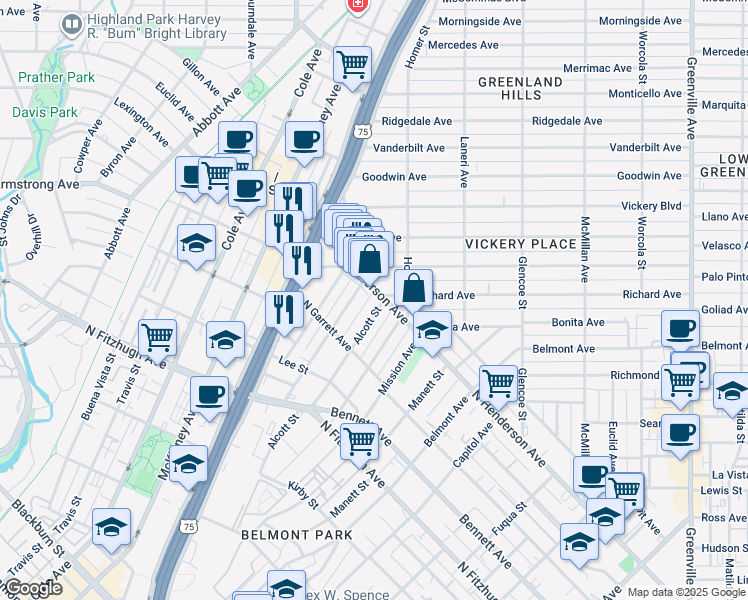 map of restaurants, bars, coffee shops, grocery stores, and more near 5127 Alcott Street in Dallas