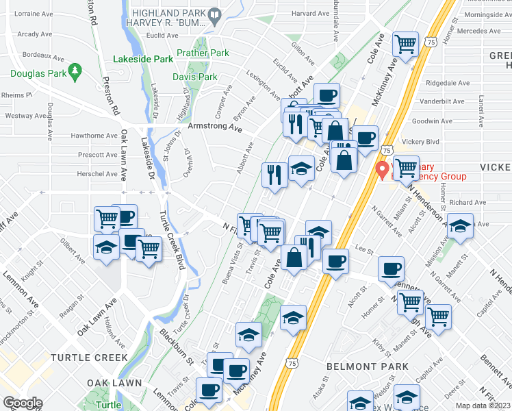 map of restaurants, bars, coffee shops, grocery stores, and more near 4233 Travis Street in Dallas