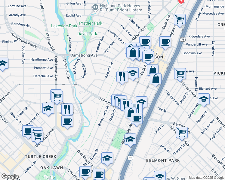 map of restaurants, bars, coffee shops, grocery stores, and more near 3502 Springbrook Street in Dallas