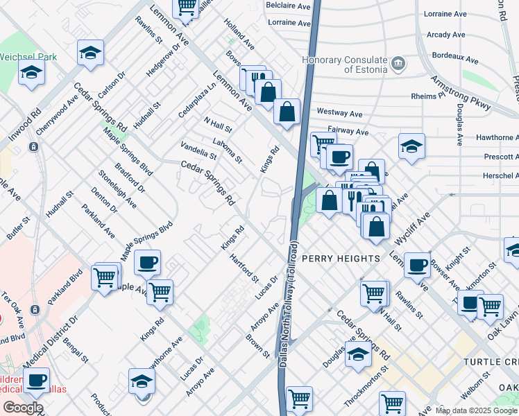 map of restaurants, bars, coffee shops, grocery stores, and more near 4606 Cedar Springs Road in Dallas