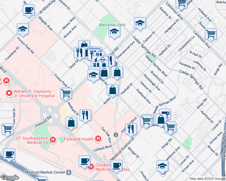map of restaurants, bars, coffee shops, grocery stores, and more near 5419 Maple Avenue in Dallas