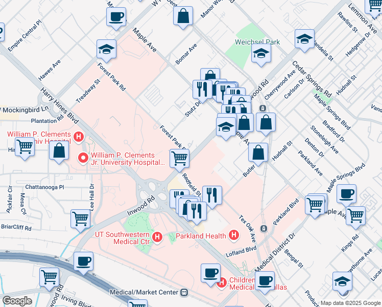 map of restaurants, bars, coffee shops, grocery stores, and more near 2241 Inwood Road in Dallas
