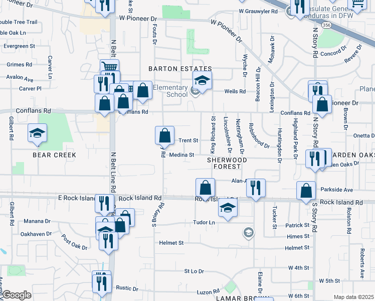 map of restaurants, bars, coffee shops, grocery stores, and more near 3030 Medina Street in Irving