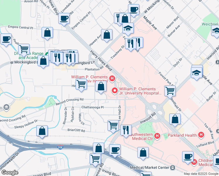 map of restaurants, bars, coffee shops, grocery stores, and more near 6201 Harry Hines Boulevard in Dallas