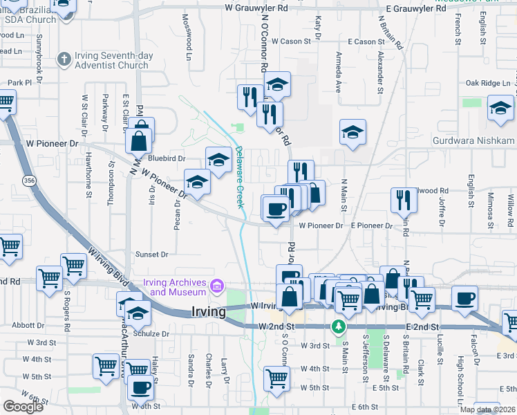 map of restaurants, bars, coffee shops, grocery stores, and more near 511 Cedar Drive in Irving
