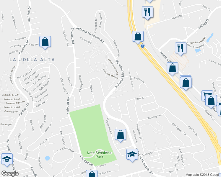 map of restaurants, bars, coffee shops, grocery stores, and more near 5415 Caminito Herminia in San Diego