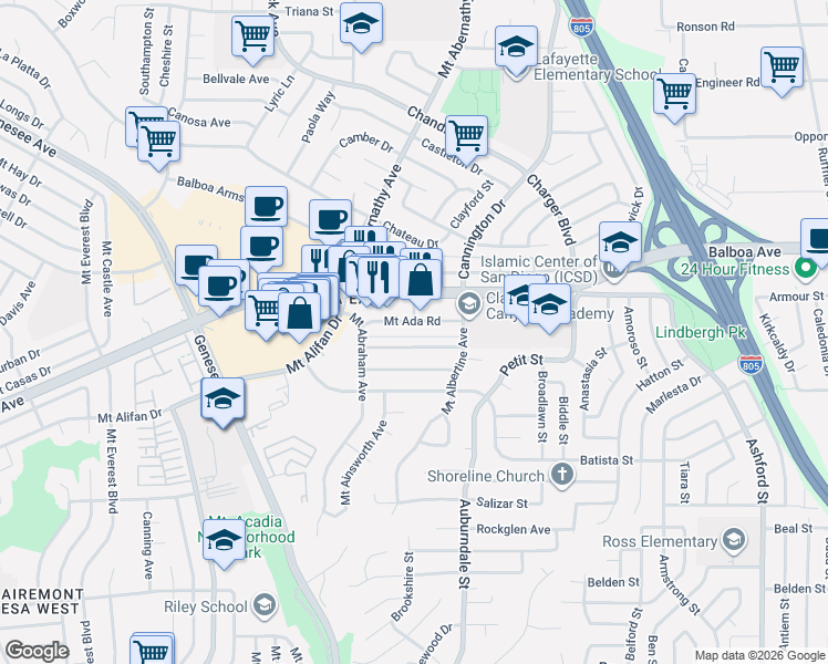 map of restaurants, bars, coffee shops, grocery stores, and more near 6555 Mount Ada Road in San Diego