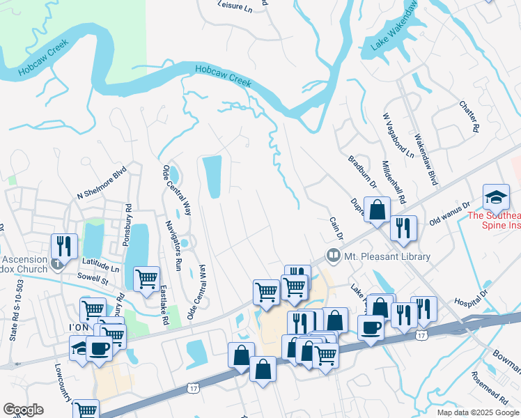 map of restaurants, bars, coffee shops, grocery stores, and more near 631 Spark Street in Mount Pleasant