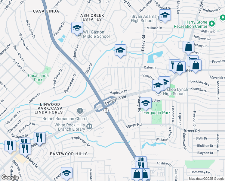 map of restaurants, bars, coffee shops, grocery stores, and more near 1545 Mapleton Drive in Dallas