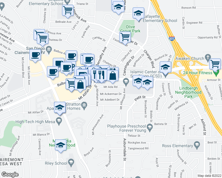 map of restaurants, bars, coffee shops, grocery stores, and more near 6343 Mount Ackerman Drive in San Diego