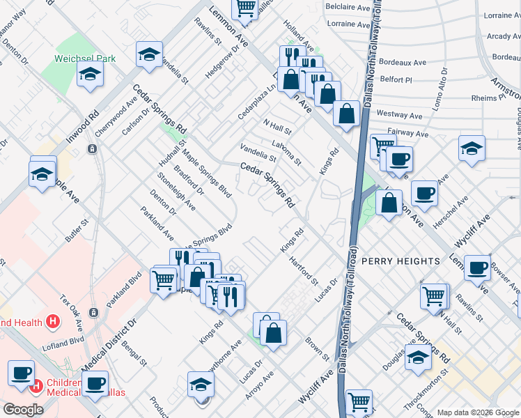 map of restaurants, bars, coffee shops, grocery stores, and more near 4851 Cedar Springs Road in Dallas