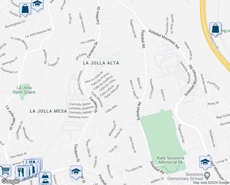map of restaurants, bars, coffee shops, grocery stores, and more near 1667 Calle Delicada in San Diego