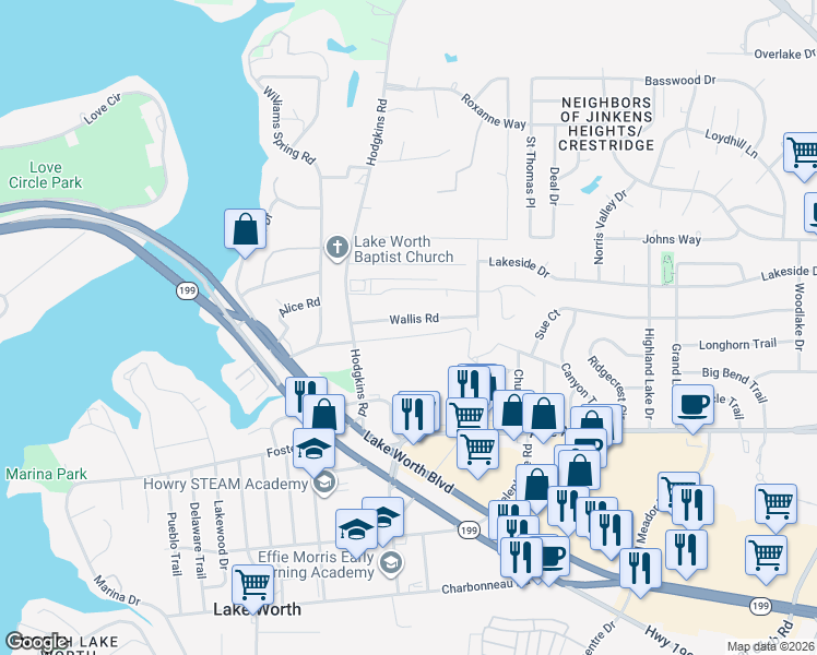 map of restaurants, bars, coffee shops, grocery stores, and more near 6800 Chapel Lane in Fort Worth
