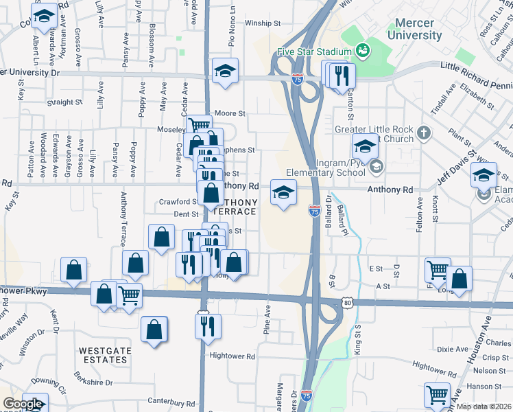 map of restaurants, bars, coffee shops, grocery stores, and more near 2305 Lincoln Street in Macon