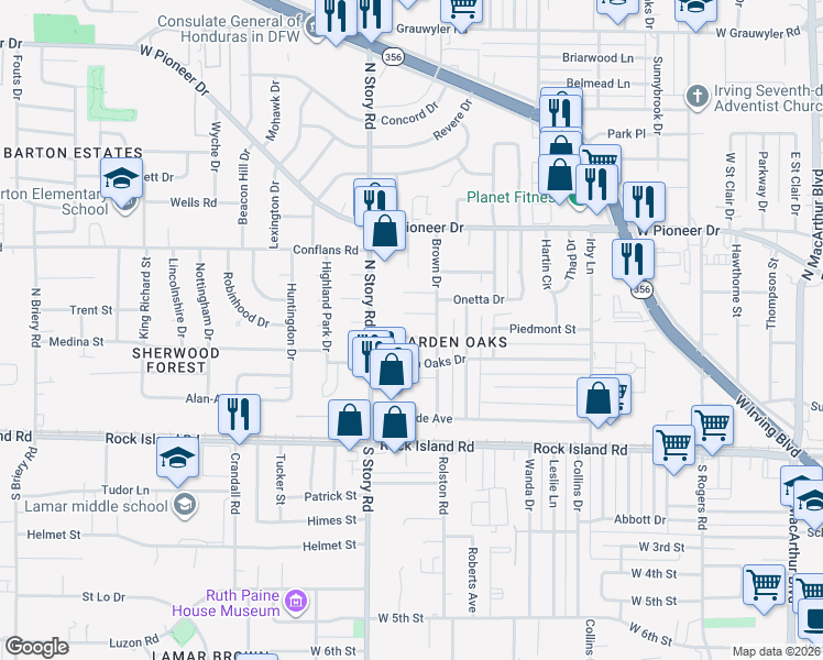 map of restaurants, bars, coffee shops, grocery stores, and more near 2221 Piedmont Street in Irving