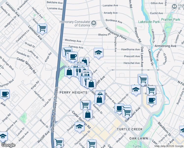 map of restaurants, bars, coffee shops, grocery stores, and more near Herschel Avenue in Dallas