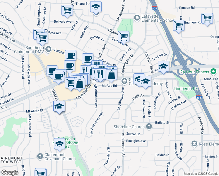 map of restaurants, bars, coffee shops, grocery stores, and more near 6343 Mount Ackerman Drive in San Diego