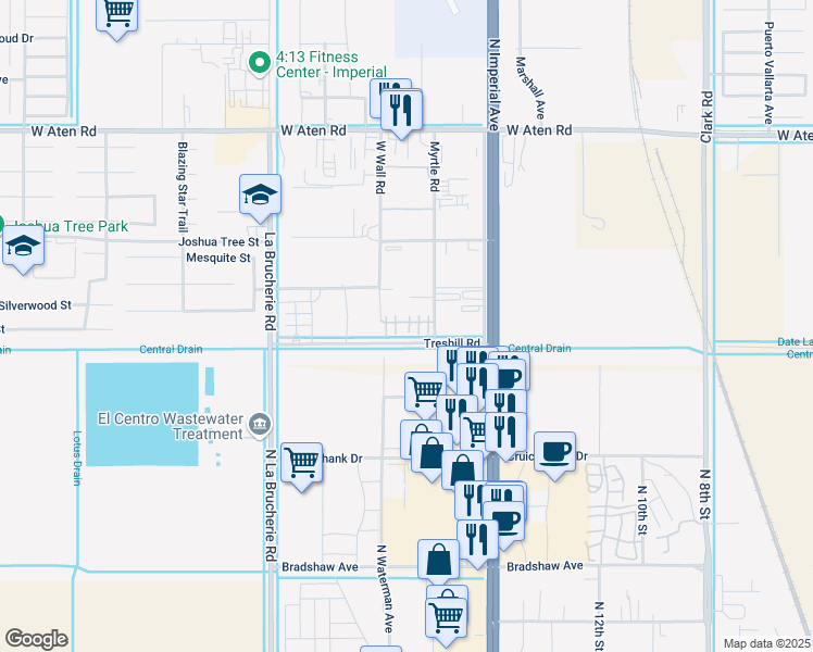 map of restaurants, bars, coffee shops, grocery stores, and more near Treshill Road in Imperial