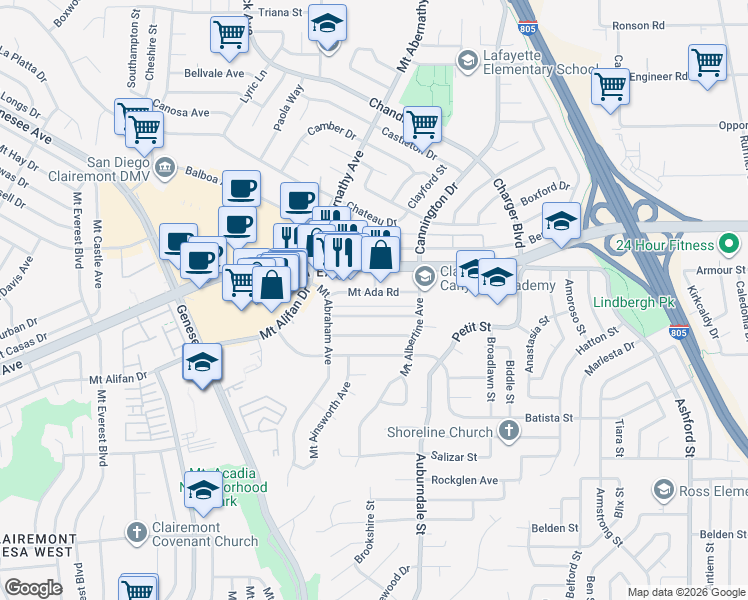 map of restaurants, bars, coffee shops, grocery stores, and more near 6343 Mount Ackerman Drive in San Diego