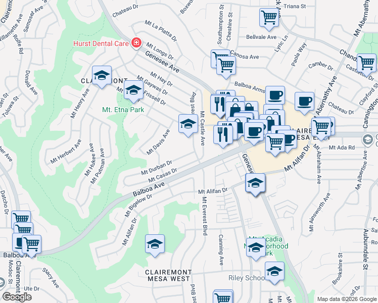 map of restaurants, bars, coffee shops, grocery stores, and more near 5072 Mount Casas Drive in San Diego