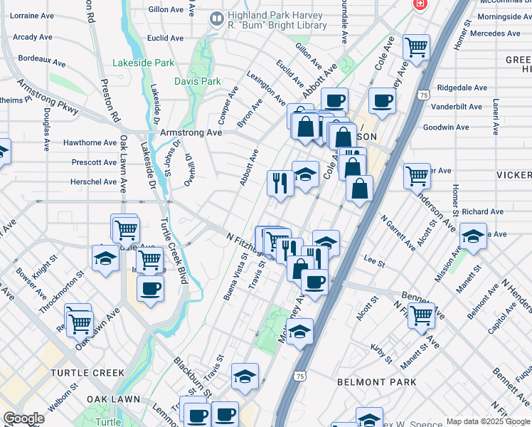 map of restaurants, bars, coffee shops, grocery stores, and more near 4233 Travis Street in Dallas