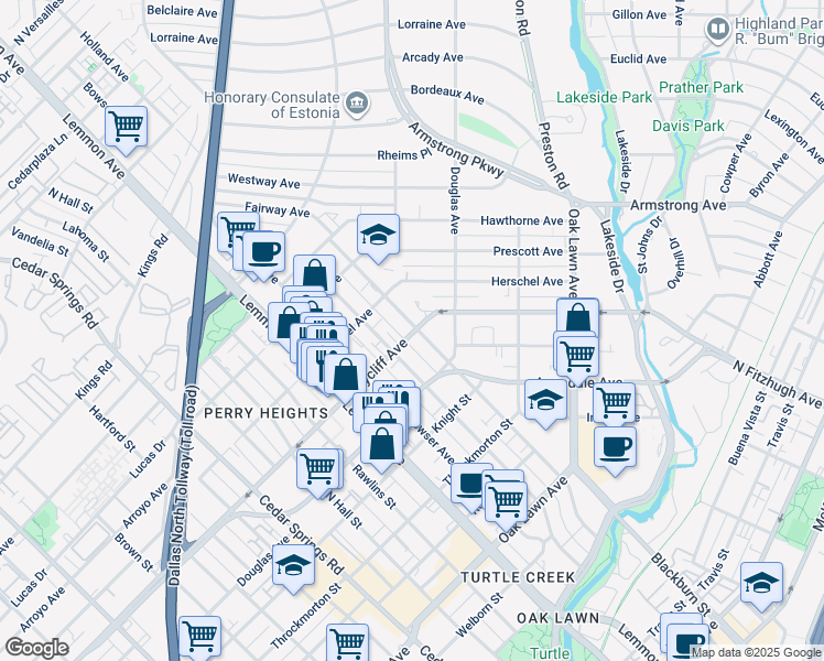 map of restaurants, bars, coffee shops, grocery stores, and more near 4231 Gilbert Avenue in Dallas