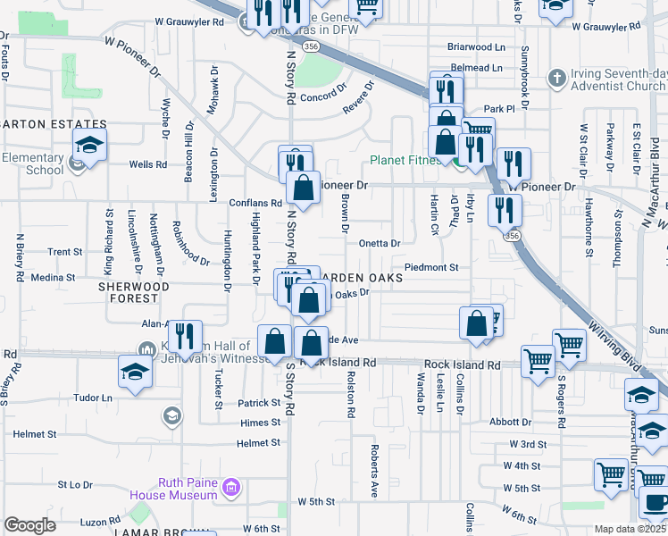 map of restaurants, bars, coffee shops, grocery stores, and more near 2221 Piedmont Street in Irving