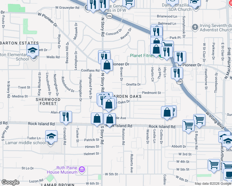 map of restaurants, bars, coffee shops, grocery stores, and more near 2221 Piedmont Street in Irving