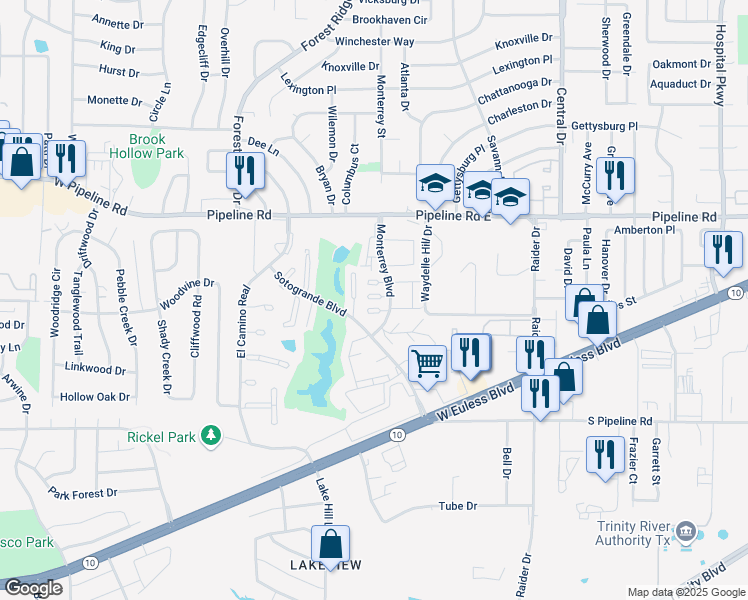 map of restaurants, bars, coffee shops, grocery stores, and more near 1322 Monterrey Boulevard in Euless