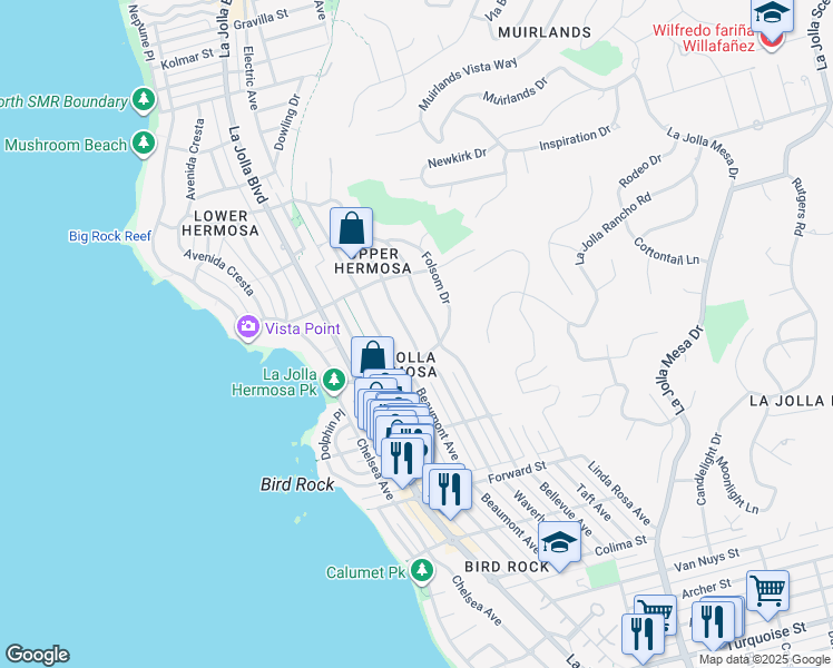 map of restaurants, bars, coffee shops, grocery stores, and more near 5825 Waverly Avenue in San Diego