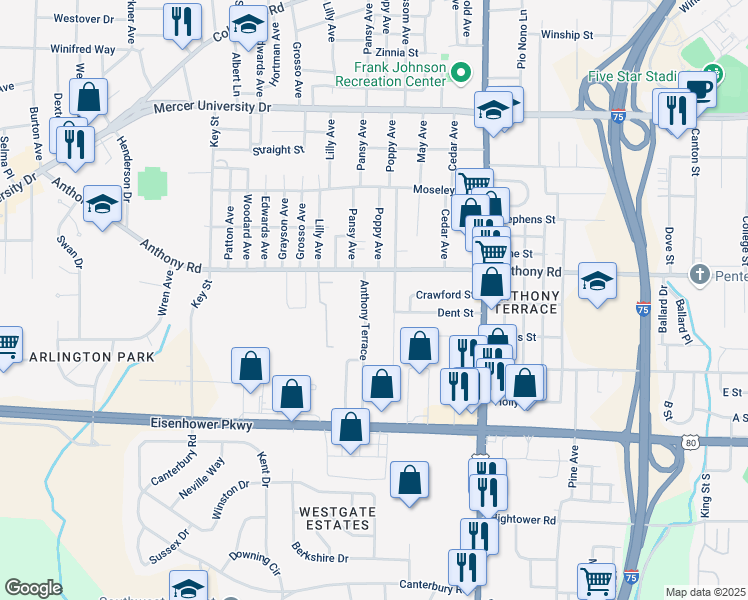 map of restaurants, bars, coffee shops, grocery stores, and more near 2313 Lowe Street in Macon