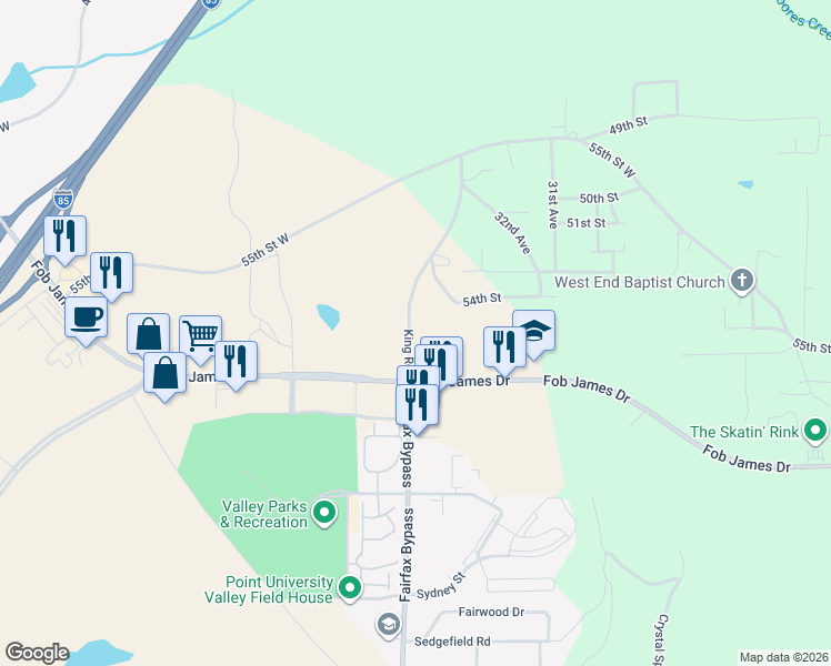 map of restaurants, bars, coffee shops, grocery stores, and more near 7172 King Road in Valley