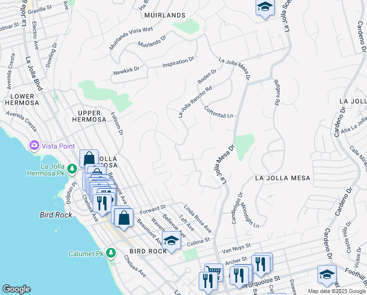 map of restaurants, bars, coffee shops, grocery stores, and more near 1001 La Jolla Rancho Road in San Diego
