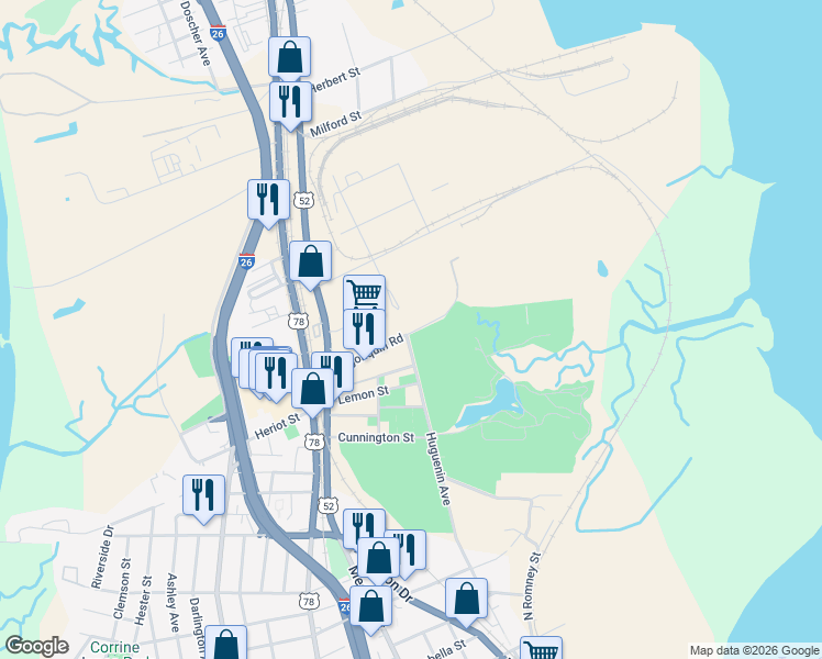 map of restaurants, bars, coffee shops, grocery stores, and more near Huguenin Avenue in Charleston