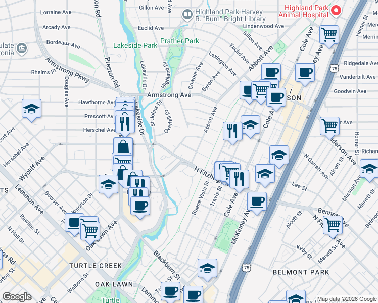map of restaurants, bars, coffee shops, grocery stores, and more near 3610 Springbrook Street in Dallas