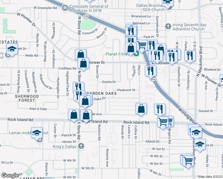 map of restaurants, bars, coffee shops, grocery stores, and more near 501 Wilson Street in Irving