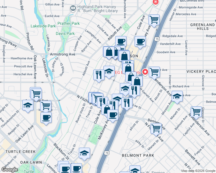 map of restaurants, bars, coffee shops, grocery stores, and more near 104 Lee Street in Dallas