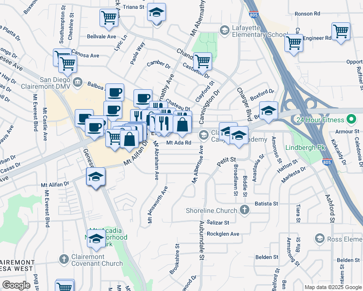 map of restaurants, bars, coffee shops, grocery stores, and more near 6343 Mount Ackerman Drive in San Diego