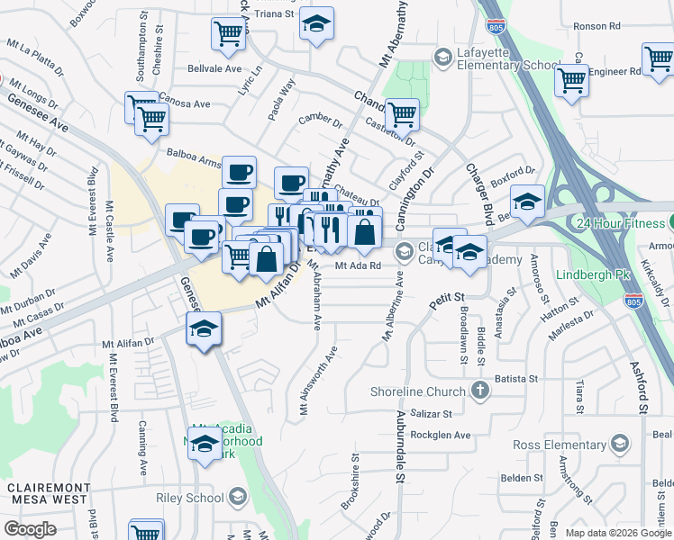 map of restaurants, bars, coffee shops, grocery stores, and more near 6343 Mount Ackerman Drive in San Diego