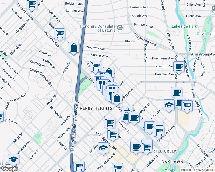 map of restaurants, bars, coffee shops, grocery stores, and more near 4418 Lemmon Avenue in Dallas